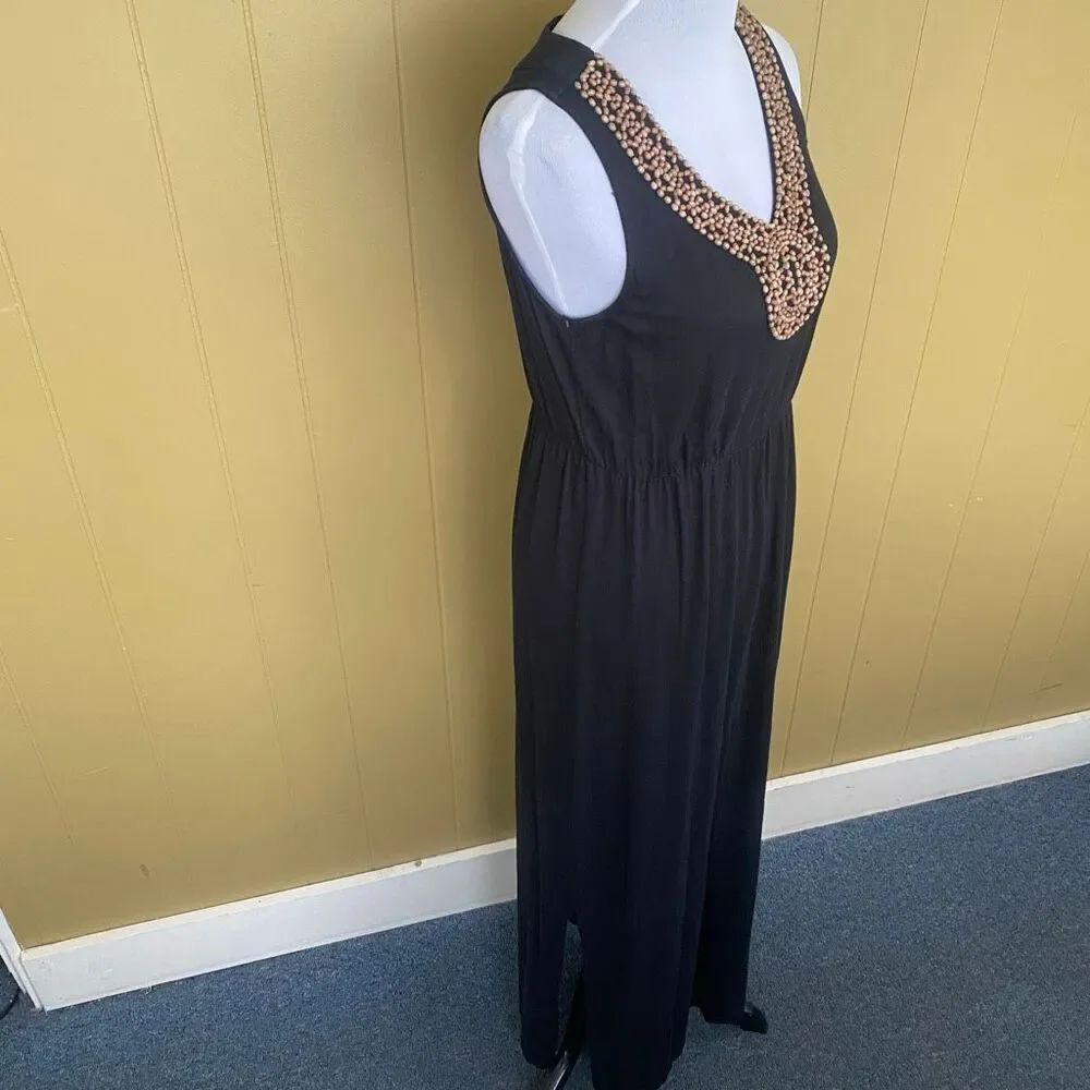 Sonoma women M cotton blend v-cut maxi dress w/wooden beading & side slits black - Picture 4 of 10